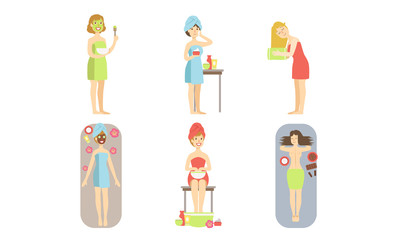 Fototapeta premium Beautiful Woman Relaxing at Spa Salon Set, Girl Getting Spa Treatment Vector Illustration