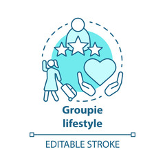 Groupie lifestyle blue concept icon. Seeking personal gain following celebrity idea thin line illustration. Obsessive attachment to musician. Vector isolated outline drawing. Editable stroke
