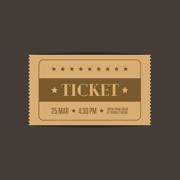 Retro cinema ticket template, isolated on white background. Vintage Tickets to theater, concert or other event. Vector illustration in flat style. EPS 10.