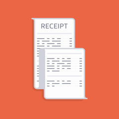 Receipt icon in a flat style isolated on a colored background. Invoice sign. Bill atm template or restaurant paper financial check. Concept Paper receipts icons.