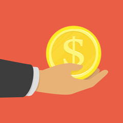 Hand with gold coin isolated on red background. Golden Dollar Coin in businessman hands. Charity, donate, giving or take money concept. Vector illustration in flat style. EPS 10.