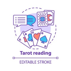 Tarot reading concept icon. Fortune telling, divination and cartomancy idea thin line illustration. Speech bubbles, playing and clairvoyant cards vector isolated outline drawing. Editable stroke