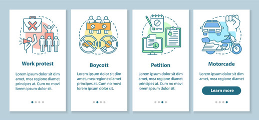 Fototapeta na wymiar Social protest onboarding mobile app page screen with linear concepts. Public demonstration and boycott walkthrough steps graphic instructions. UX, UI, GUI vector template with illustrations