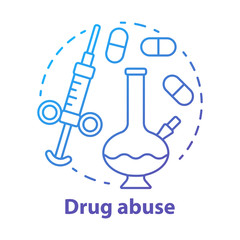 Drug abuse concept icon. Narcotic, opioid addiction idea thin line illustration. Bong, syringe and pills. Cocaine, heroin and marijuana. Substance abuse. Vector isolated drawing