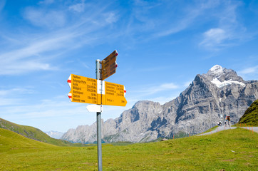 Yellow tourist sign in First, Switzerland giving distances and directions to hikers in the Swiss Alps. Popular hiking paths by Grindelwald leading to Bachalpsee. Summer Alpine landscape in background