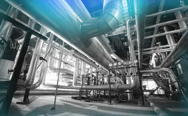 Industrial zone, Steel pipelines and cables in blue tones