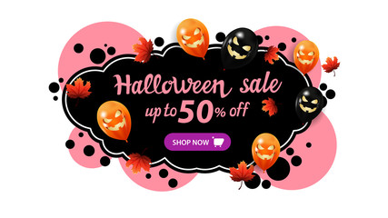 Halloween sale, up to 50% off, creative banner with graffiti style. Template with bubbles, autumn leafs and Halloween balloons.