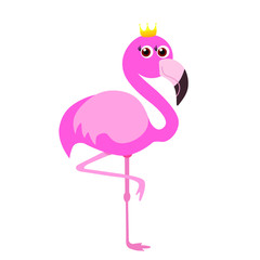 Cute flamingo, golden crown, vector illustration