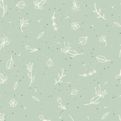 Vintage flowers teal seamless pattern. Beautiful hand drawn retro background. Elegant fabric on light background Vector surface pattern design