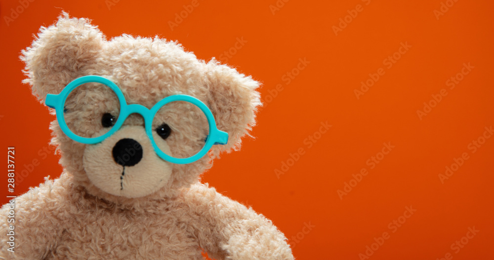 Wall mural Cute teddy wearing eyeglasses against orange color background