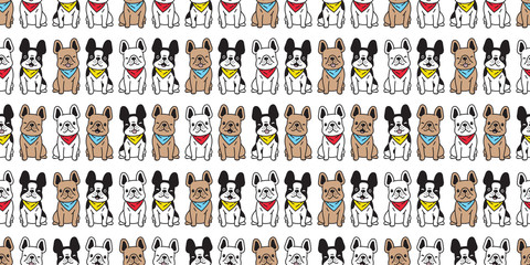dog seamless pattern vector french bulldog collar sitting scarf isolated cartoon repeat background puppy breed tile wallpaper illustration doodle design