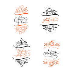 Bundle set of vector calligraphy autumn phrases with autumnal elements. Hand drawn lettering isolated illustration for greeting card. Perfect for holidays, Thanksgiving Day