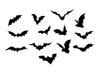 Set bats. Collection of bats. Flying bats. Halloween. Set of black silhouettes. Cartoon bats. Line art. Drawing by hand. Doodle. Tattoo.