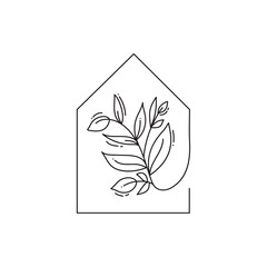 Vector eco house icon with leaves. logo template in black color isolated on white background. Doodle style. Design print poster, symbol decor