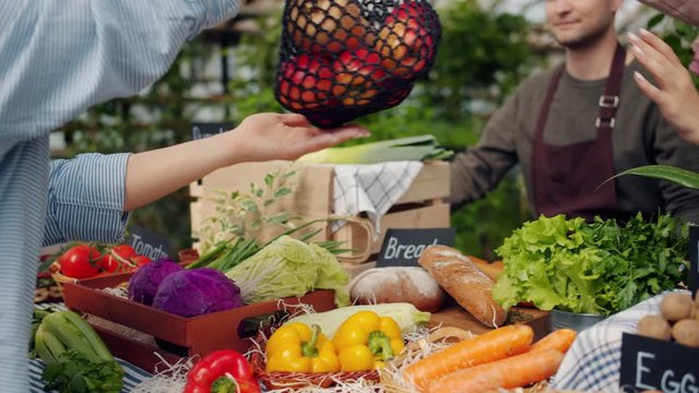 Close-up of salesperson giving bag of organic vegetables to buyer in farm market, table with fresh fruit and herbs is visible. Shopping, business and consumerism concept.