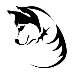 Husky logo. Portrait of a husky. Black and white dog head. Illustration of a pet. Tattoo. © Igor