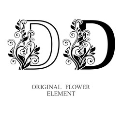 Elegant initial letters D in two color variations with botanical element. Vector letters logo design template set. Alphabet label sign for company branding and identity.Unique concept type as logotype