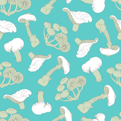 Seamless mushroom patern. Cartoon ornament of forest mushrooms on a green background. Endless background for fabric, tiles.