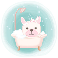 Cute puppy taking bath in bathtub hand drawn cartoon illustration on green