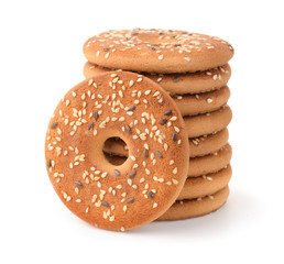 Stack of round cookie with sesame and flaxseeds