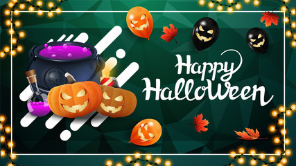 Happy Halloween, green greeting postcard with polygonal texture on the background and witch's cauldron and pumpkin Jack