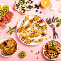 Holiday dinner party table, festive food concept background, top view, flat lay