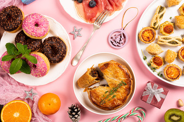 Christmas dinner party table, holiday food concept background, top view, flat lay