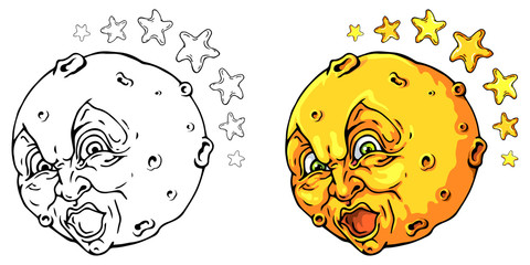Angry Moon With Stars vector set for your Halloween designs. Black and white version to choose any color along with a colored version