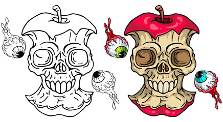 Apple Skull with flying eyes set for your Halloween designs. Line art and colored versions 