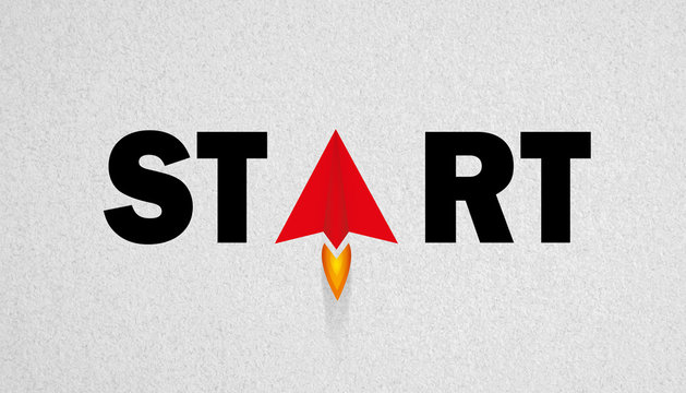 little airplane forms the A in the word "start" on paper background