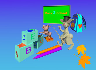 Back to school 3D illustration 5. Classroom green blackboard, learning toy blocks, backpack, a bunny character playing teacher and a piglet character junior student. Gradient background.Collection.