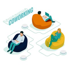 Isometric Coworking Space with creative people. Group of young businesspeople is working together with laptop, tablet, smartphone, notebook. Successful hipster team in coworking.