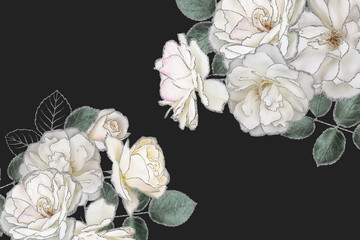 Floral banner, background or header with bouquet of garden flowers. White glitter roses isolated on dark background with copy space.
