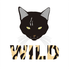 Head of a black cat and inscription Wild. Animal tiger print. Decorative typographical text. Creative Design. T-shirt, greeting card, poster, banner, mugs. Vector ilustration. EPS 10.