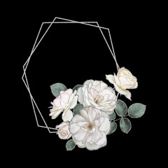 Modern floral polygonal geometric design frame with white roses and glitter isolated on black background.  For invitation, greeting, wedding card.
