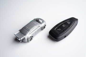 Car loan, Insurance, buy and sell and Auto Finance conceptual image with Car Key remote, die cast car and dollar bills 