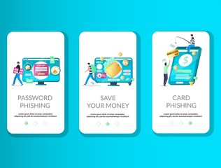 Phishing mobile app onboarding screens vector template