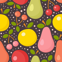 Seamless pattern with bright fruits on a dark background. Vector illustration with apple, pear, cherry.