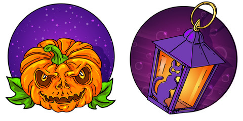 Jack O Lantern and Cat Lantern on background set for your Halloween design