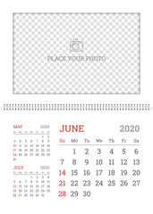 Fototapeta na wymiar Wall calendar planner template for June 2020 year with place for photo. English vector layout with dates grid on white background. Week starts from Sunday. Corporate polygraphy minimal design.