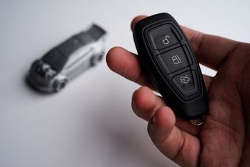 Car loan, Insurance, buy and sell and Auto Finance conceptual image with Car Key remote, die cast car and dollar bills 