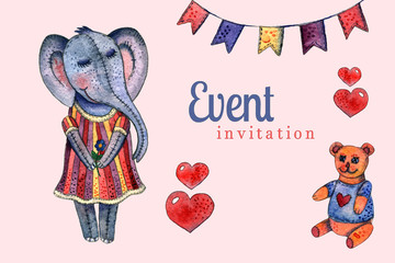 Kids watercolor invitation template elephant little girl