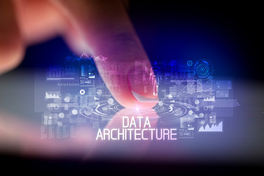 Finger touching tablet with web technology icons and DATA ARCHITECTURE inscription