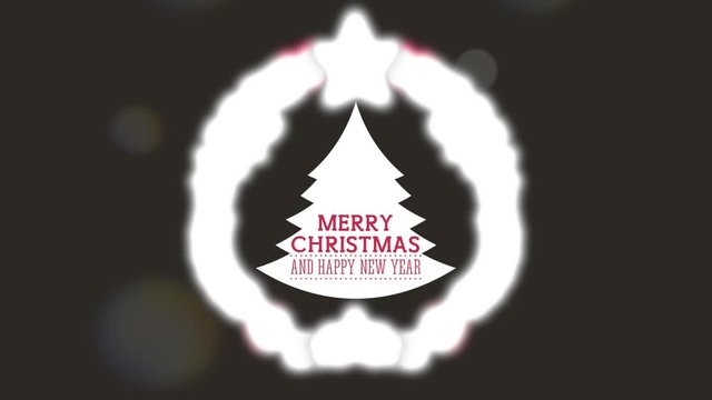 happy merry christmas card with pine tree and crown