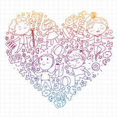 Painted by hand style pattern on the theme of childhood. Vector illustration for children design. Drawing on squared notebook in gradient style.