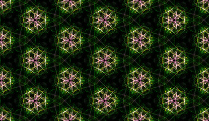 Surreal seamless background. Alien flowers. Abstract design of repeating glowing elements in green tones.