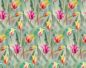 Seamless pattern: yellow-pinck and purple tulips