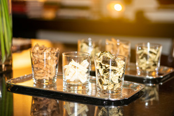 Side view, dry food in many cups