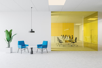 White and yellow open space office with lounge