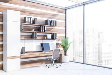 Fototapeta na wymiar White and wooden panoramic office interior